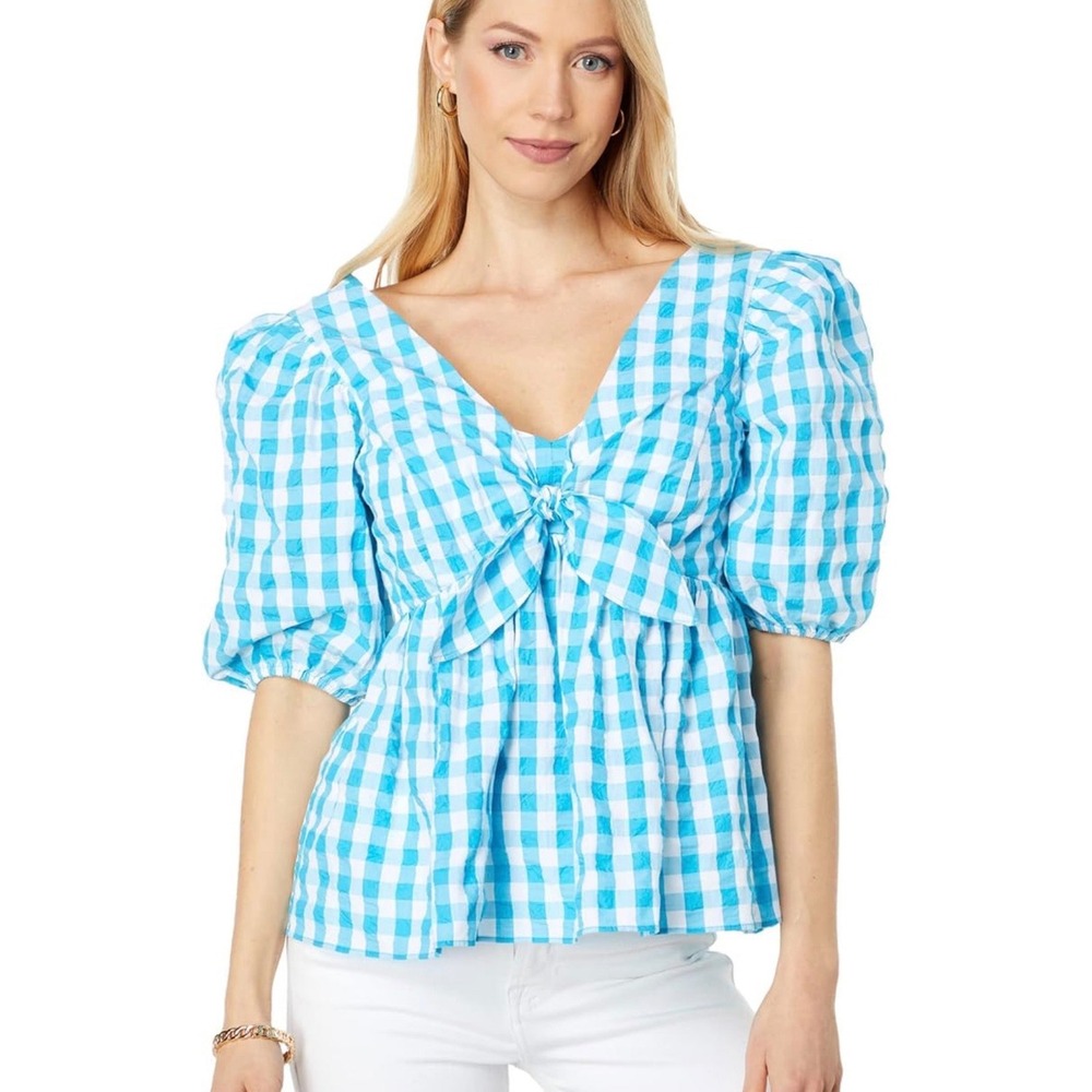 Lilly‎ Pulitzer Sarafina Top Womens 2 Turquoise Gingham Puff Sleeve Smocked NWT